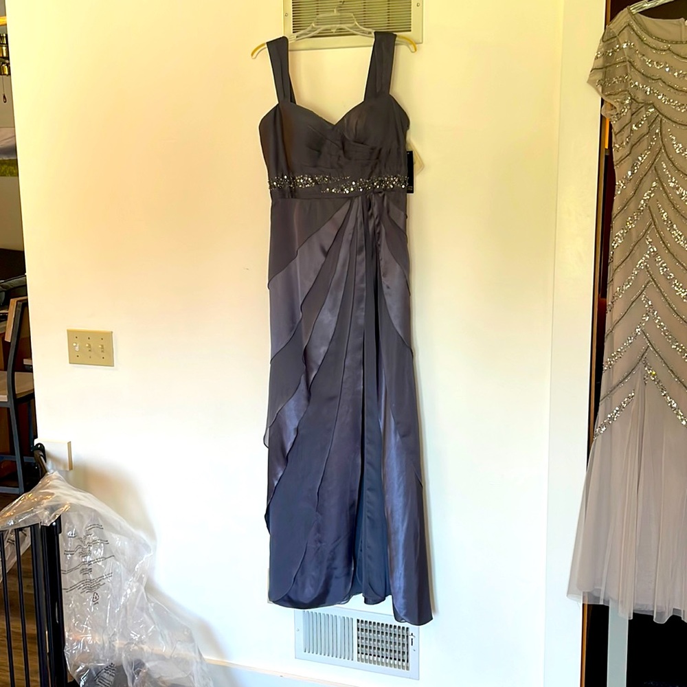 Adrianna Papell floor length dress, multi charcoal colors.